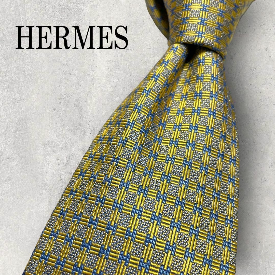 Hermes(エルメス)の美品 HERMES エルメス ジャガード H柄 格子柄 ネクタイ ゴールド 青 メンズのファッション小物(ネクタイ)の商品写真