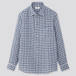 ユニクロ(UNIQLO)の新品●ユニクロ プレミアムリネンチェックシャツ（長袖） XL ブルー(シャツ)