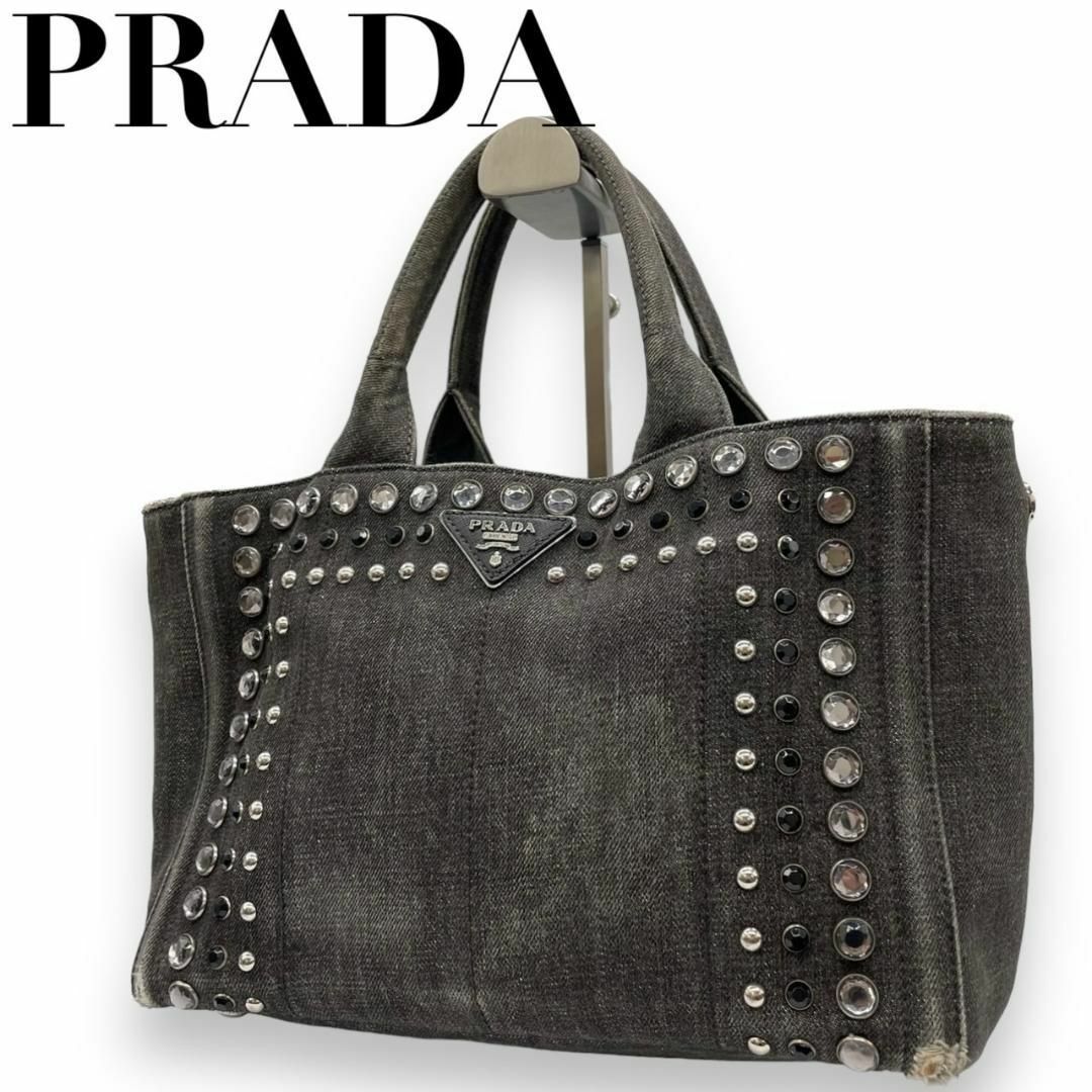 PRADA(プラダ)のPRADA プラダ　e2 カナパS　ビジュー　ハンドバッグ　三角ロゴ レディースのバッグ(ハンドバッグ)の商品写真