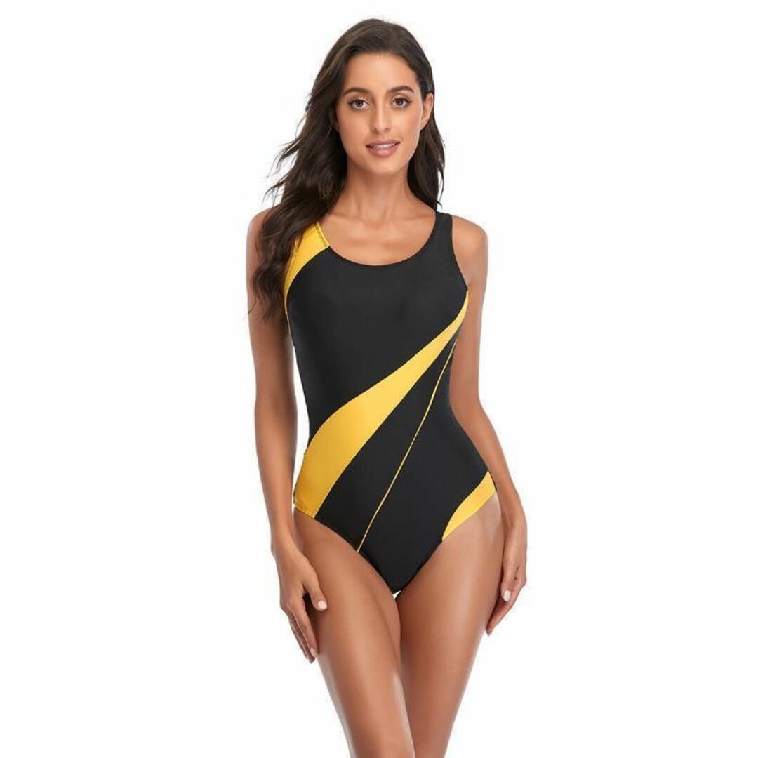 新品 XL 水着 イエロー レディース フィットネス パッド付 競泳水着 ライン レディースの水着/浴衣(水着)の商品写真