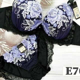 PS10 E70/M ブラ＆ショーツセット 黒・紫系 ローズ刺繍(ブラ&ショーツセット)