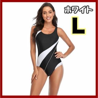 新品 L 水着 ホワイト レディース フィットネス パッド付 競泳水着 ライン(水着)