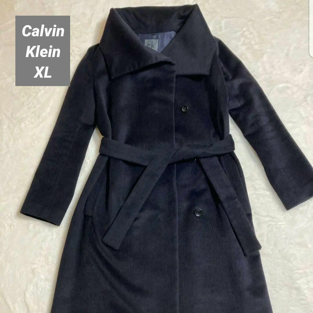 Calvin Klein(カルバンクライン)のカルバンクライン　女優襟　アンゴラコート　チェスター　ベルテッドロングコート レディースのジャケット/アウター(ロングコート)の商品写真