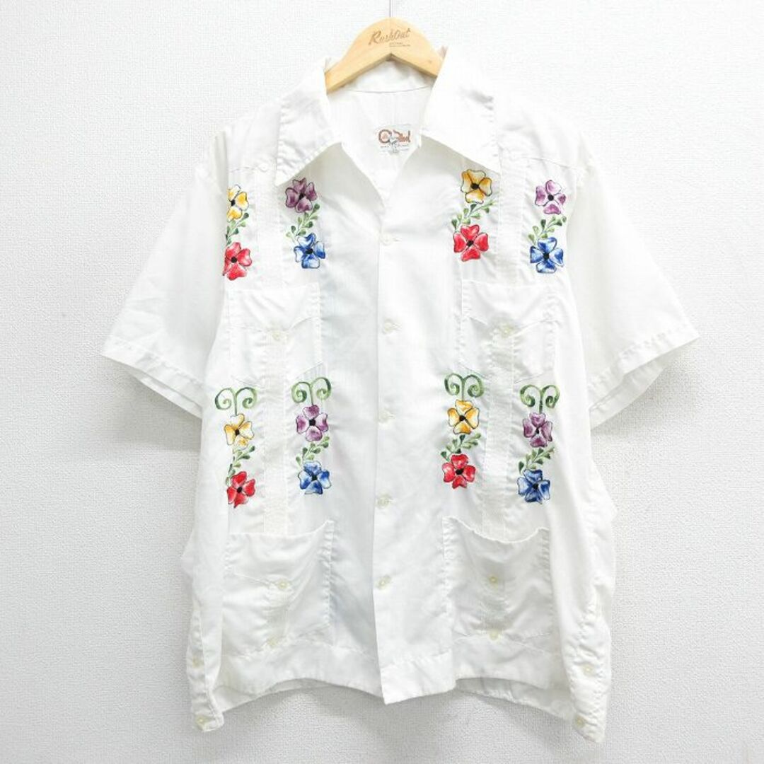 L☆古着 半袖 キューバ シャツ メンズ 80年代 80s 花 刺繍 開襟 L☆古着 半袖 キューバ シャツ メンズ 80年代 80s 花 刺繍 開襟