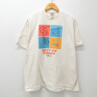 フィラ(FILA)のXL★古着 ヘインズ Hanes 半袖 ビンテージ Tシャツ メンズ 90年代 90s 動物 フィラデルフィア 大きいサイズ コットン クルーネック USA製 生成り 24mar26 中古(Tシャツ/カットソー(半袖/袖なし))