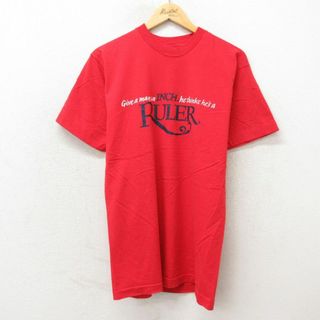 フルーツオブザルーム(FRUIT OF THE LOOM)のL★古着 フルーツオブザルーム 半袖 ビンテージ Tシャツ メンズ 90年代 90s RULER コットン クルーネック USA製 赤 レッド 24mar26 中古(Tシャツ/カットソー(半袖/袖なし))