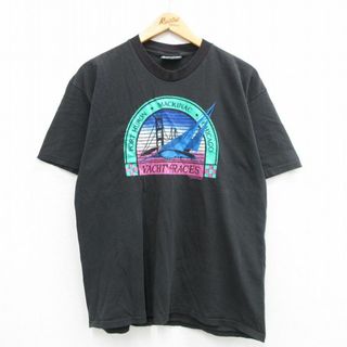 リー(Lee)のL★古着 リー Lee 半袖 ビンテージ Tシャツ メンズ 80年代 80s ヨット シカゴ コットン クルーネック USA製 黒 ブラック 24mar26 中古(Tシャツ/カットソー(半袖/袖なし))