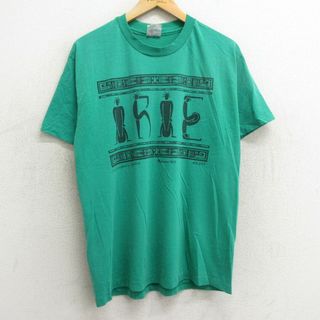 ヘインズ(Hanes)のL★古着 ヘインズ Hanes 半袖 ビンテージ Tシャツ メンズ 90年代 90s 民族 IRIE クルーネック USA製 緑 グリーン 24mar26 中古(Tシャツ/カットソー(半袖/袖なし))