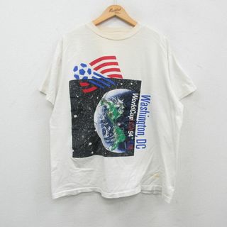 XL★古着 半袖 ビンテージ Tシャツ メンズ 90年代 90s ワールドカップ ワシントンDC サッカー 地球 大きいサイズ クルーネック 白 ホワイト 【spe】 24mar26 中古(Tシャツ/カットソー(半袖/袖なし))