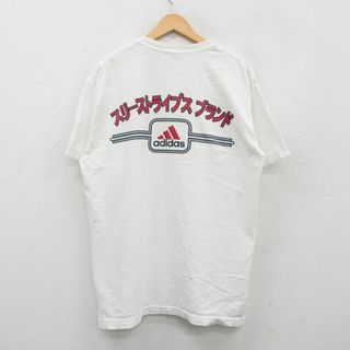 アディダス(adidas)のXL★古着 アディダス adidas 半袖 ビンテージ Tシャツ メンズ 90年代 90s スリーストライプ コットンクルーネック 白 ホワイト 【spe】 24mar26 中古(Tシャツ/カットソー(半袖/袖なし))