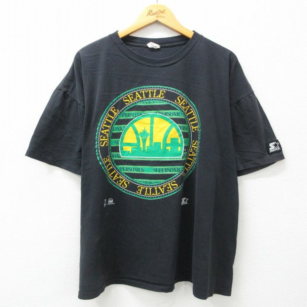 STARTER(スターター)のXL★古着 スターター STARTER 半袖 ビンテージ Tシャツ メンズ 90年代 90s NBA シアトルスーパーソニックス 大きいサイズ コットン クルーネック カナダ製 黒 ブラック バスケットボール 24mar26 中古 メンズのトップス(Tシャツ/カットソー(半袖/袖なし))の商品写真