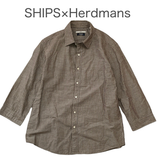 シップス(SHIPS)の【美品】シップス　Herdmans リネンコットン　ストライプシャツ　Lサイズ(シャツ)