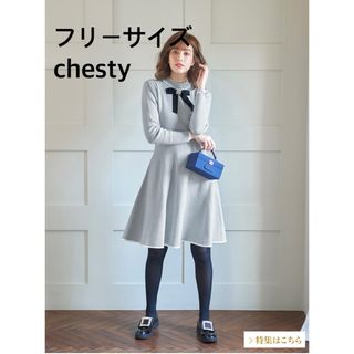 チェスティ(Chesty)のchesty リボン ブローチ フレアニットワンピース　ブルー　フリーサイズ(ひざ丈ワンピース)