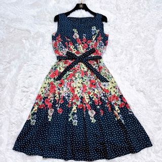 ローラアシュレイ(LAURA ASHLEY)のローラアシュレイ ワンピース  ノースリーブ ドット 花柄 Aライン ネイビー(ひざ丈スカート)