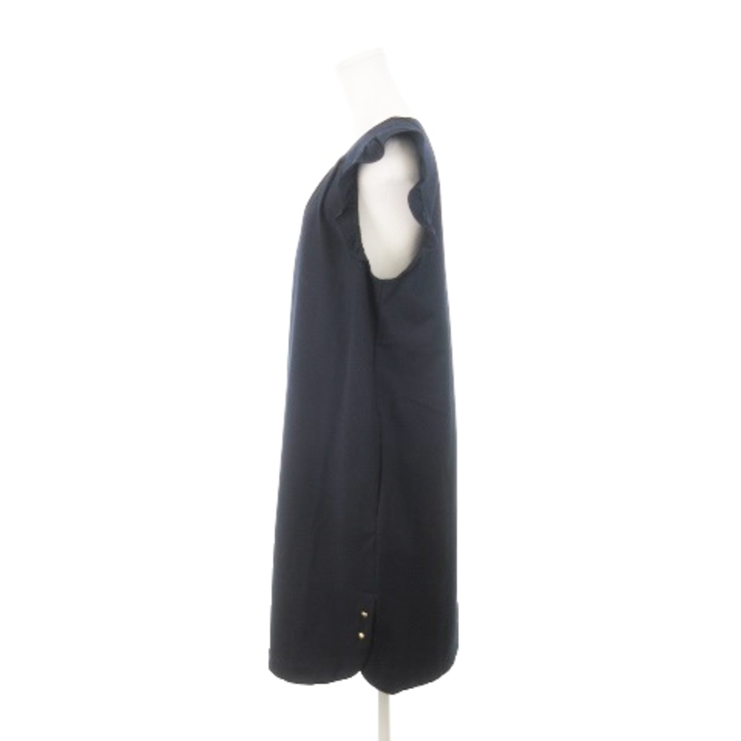 ザラ ベーシック ワンピース ひざ丈 ノースリーブ フリル タック 裾釦 L 紺 レディースのワンピース(ひざ丈ワンピース)の商品写真