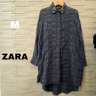 ザラ(ZARA)のザラ ZARA  チェック 長袖 ガーゼ生地 シャツ ワンピース 黒×紺 春 M(ひざ丈ワンピース)