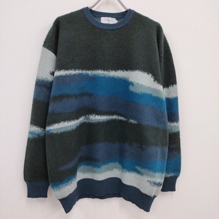 グラフペーパー(Graphpaper)のGraphpaper 新品 Jacquard Crew Neck Knit GU233-80281 定価41800円 サイズ1 ニット グリーン ブルー メンズ グラフペーパー【中古】4-0314T♪#(ニット/セーター)