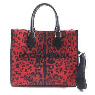 ドルチェアンドガッバーナ(DOLCE&GABBANA)の極美品▼DOLCE&GABBANA ドルチェ＆ガッバーナ BM2012 キャンバス レザー レオパード 2WAY ショッピングバッグ レッド ブラック 保存袋付き イタリア製 メンズ(トートバッグ)