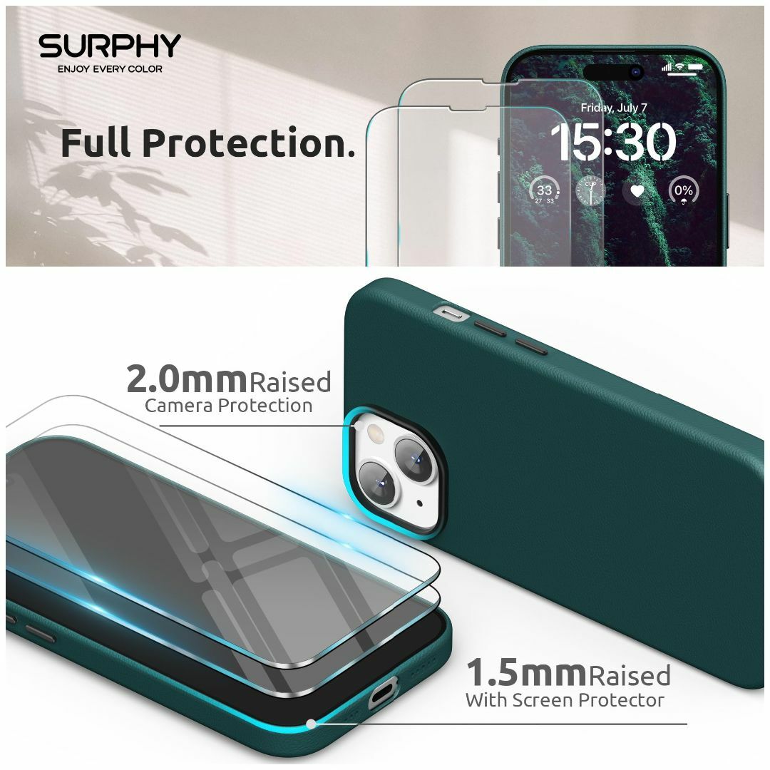 【色: ブルーグリーン】SURPHY iPhone15用ケース レザー,MagS スマホ/家電/カメラのスマホアクセサリー(その他)の商品写真