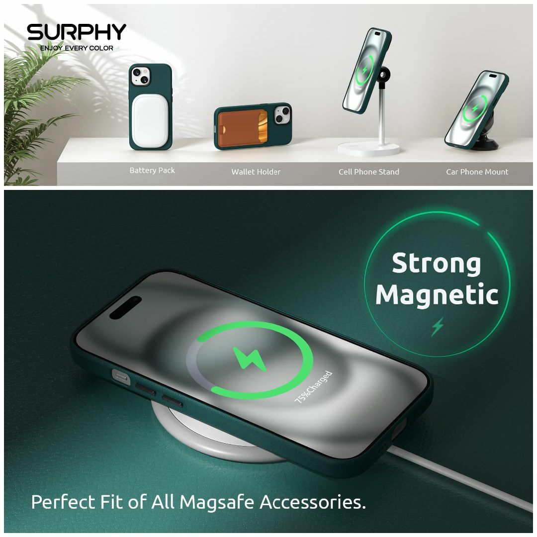 【色: ブルーグリーン】SURPHY iPhone15用ケース レザー,MagS スマホ/家電/カメラのスマホアクセサリー(その他)の商品写真