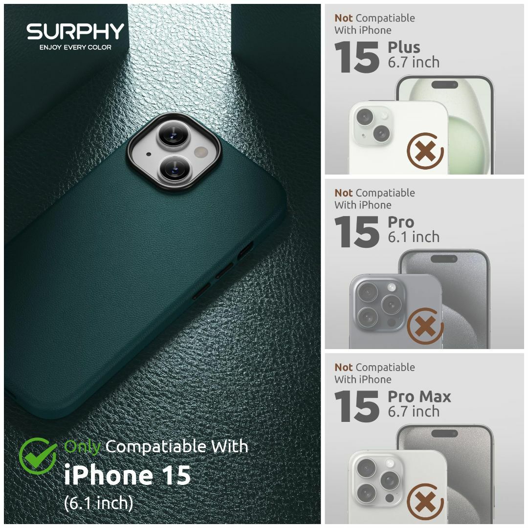 【色: ブルーグリーン】SURPHY iPhone15用ケース レザー,MagS スマホ/家電/カメラのスマホアクセサリー(その他)の商品写真