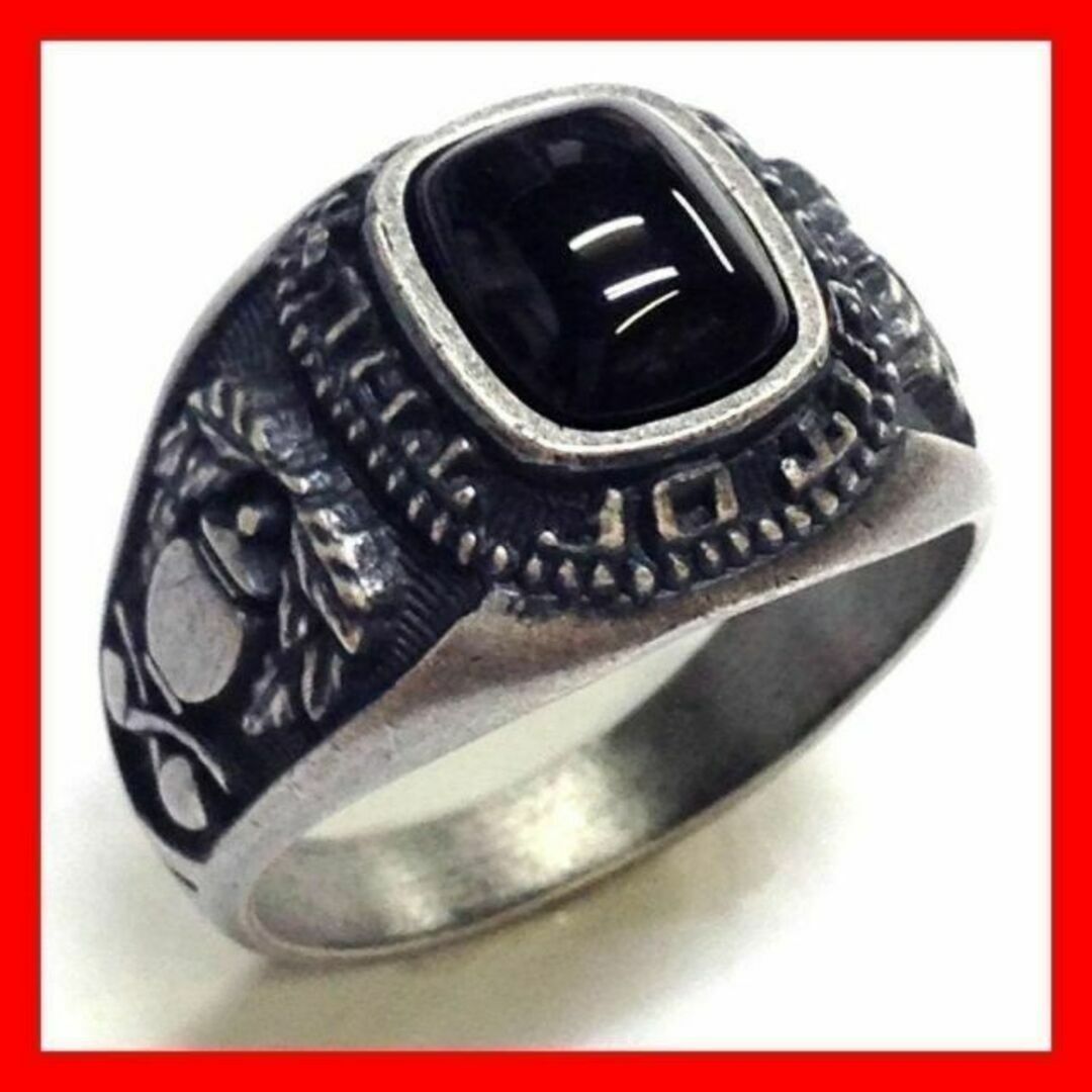 【日本製】19号　オニキス　カレッジリング☆サイドに紋章　アンティーク調指輪 メンズのアクセサリー(リング(指輪))の商品写真