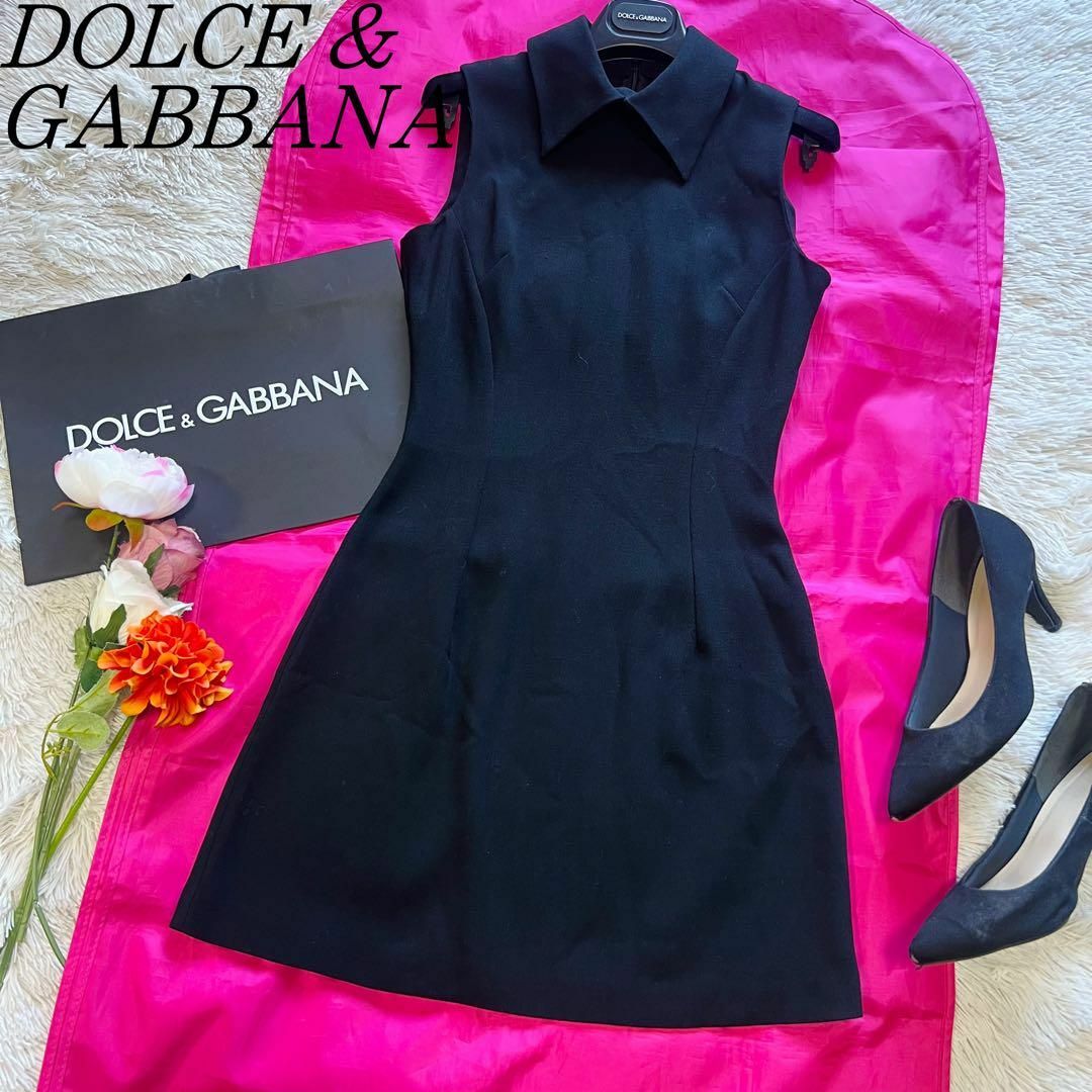 DOLCE&GABBANA(ドルチェアンドガッバーナ)の【美品】DOLCE&GABBANA 襟ワンピース ブラック 膝丈 ノースリーブ レディースのワンピース(ひざ丈ワンピース)の商品写真