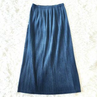 プリーツプリーズイッセイミヤケ(PLEATS PLEASE ISSEY MIYAKE)のプリーツプリーズ イッセイミヤケ マキシ丈スカート 3号 L ベロア 伸縮 青緑(ロングスカート)