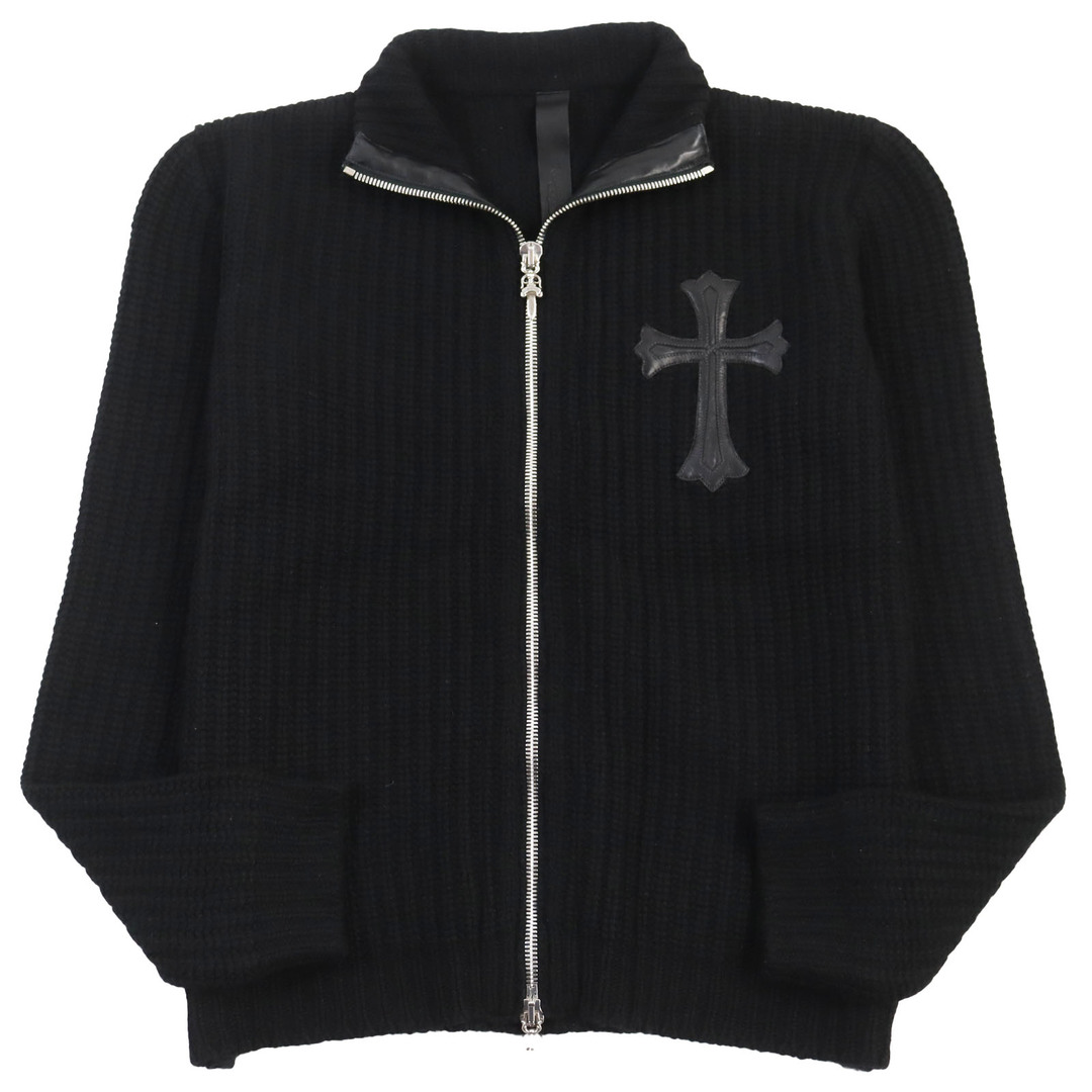 Chrome Hearts(クロムハーツ)の美品●CHROME HEARTS クロムハーツ 2213-304-1240 カシミヤ100％ ラムレザー使い クロスパッチ ダガージップ ジップアップカーディガン ブラック S USA製 正規品 メンズ メンズのトップス(カーディガン)の商品写真