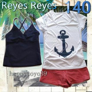 激安新品140REYES 赤紺タンキニ＋白カバーアップ付 セパレート女子水着(水着)