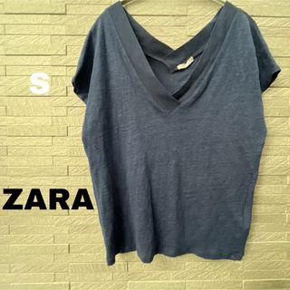 ザラ(ZARA)のザラ ZARA 半袖 リネン トップス インナー カットソー ネイビー 夏 春 (カットソー(半袖/袖なし))