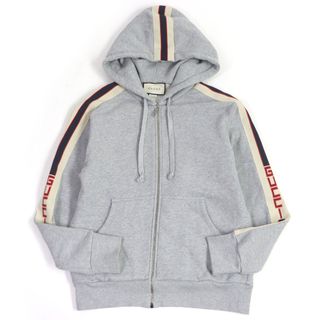 グッチ(Gucci)の美品□GUCCI グッチ 497250 コットン100％ サイドロゴライン ジップアップ フーディー パーカー グレー S イタリア製 正規品 メンズ(パーカー)