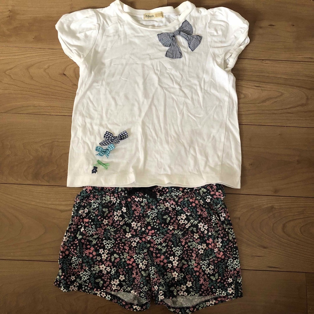 familiar(ファミリア)のfamiliar f dashリボンTシャツ、H&M花柄短パンセット キッズ/ベビー/マタニティのキッズ服女の子用(90cm~)(Tシャツ/カットソー)の商品写真