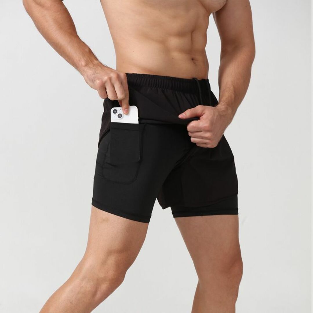黒 Mサイズ大特価トレーニング 吸汗速乾 インナー付きランニングパンツ　スポーツ メンズのパンツ(ショートパンツ)の商品写真