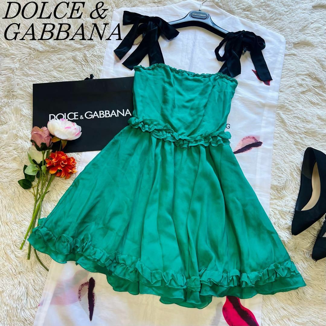 DOLCE&GABBANA(ドルチェアンドガッバーナ)の【良品】DOLCE&GABBANA 膝丈ワンピース グリーン リボン 36 レディースのワンピース(ひざ丈ワンピース)の商品写真