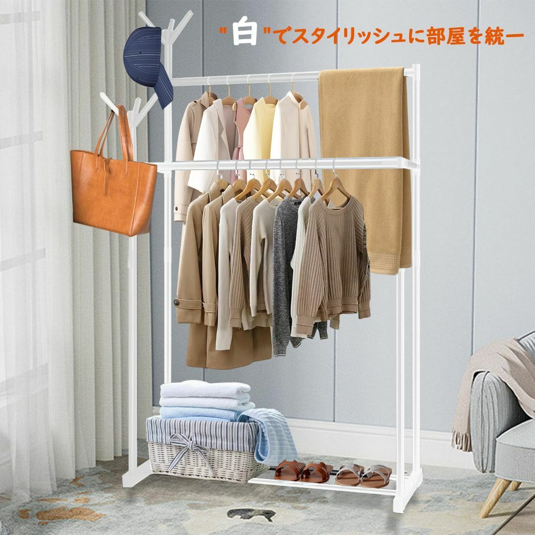 Meetpon ハンガーラック 2段棚付き コートラック パイプハンガー 物干し インテリア/住まい/日用品の収納家具(その他)の商品写真