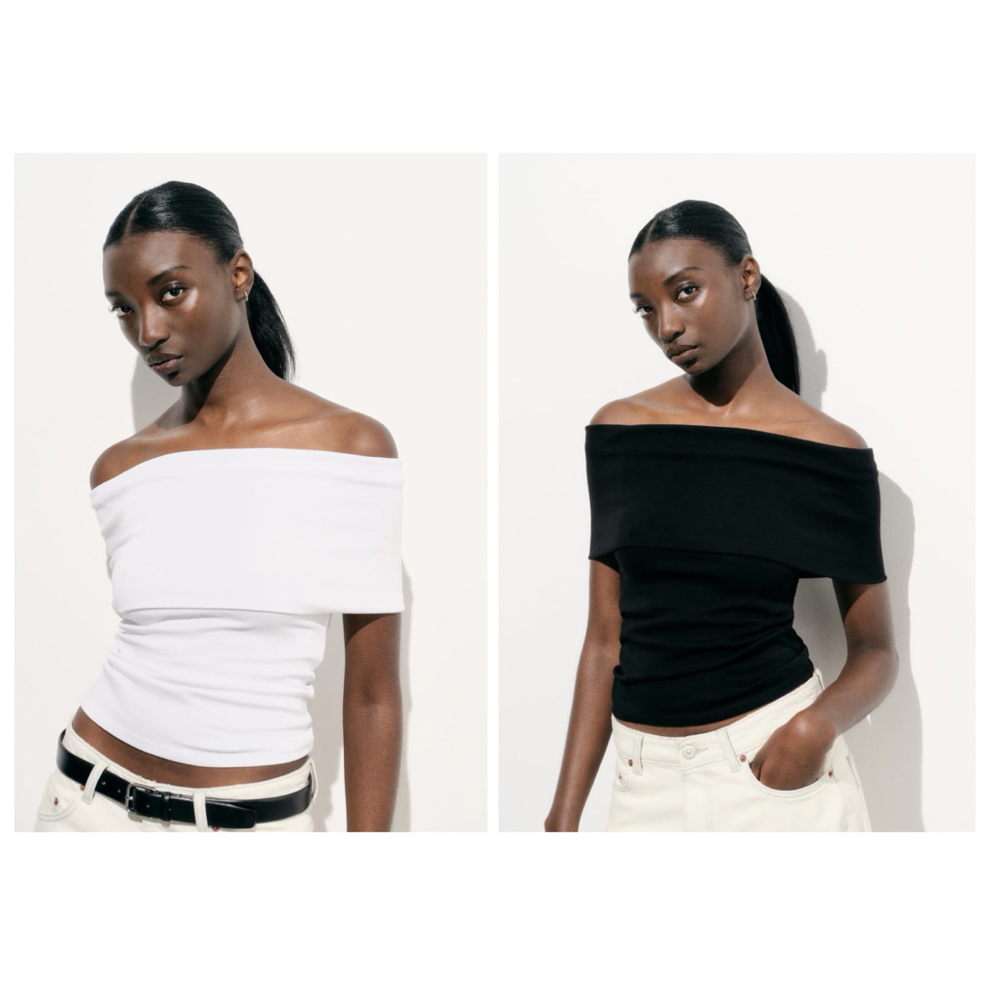 ZARA(ザラ)の【ZARA】オフショルダー Tシャツ ブラック　ホワイト　2枚セット  Ｌサイズ レディースのトップス(Tシャツ(半袖/袖なし))の商品写真