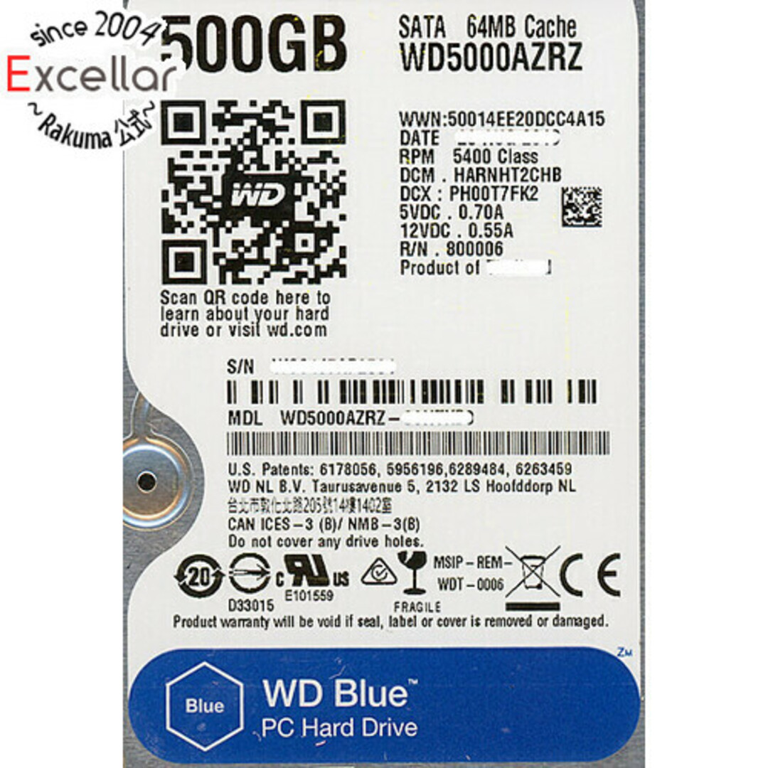 Western Digital(ウエスタンデジタル)のWestern Digital製HDD WD5000AZRZ 500GB SATA600 スマホ/家電/カメラのPC/タブレット(PC周辺機器)の商品写真