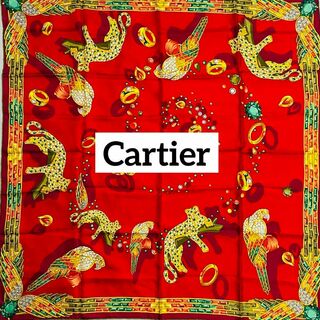 カルティエ(Cartier)の美品 ★Cartier★ スカーフ 大判 パンテール 鳥 宝石 シルク レッド(バンダナ/スカーフ)