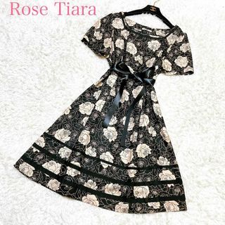 ローズティアラ(Rose Tiara)の美品 ローズティアラ ひざ丈 ワンピース 花柄 総柄 ローズ柄 42 XL (ひざ丈ワンピース)