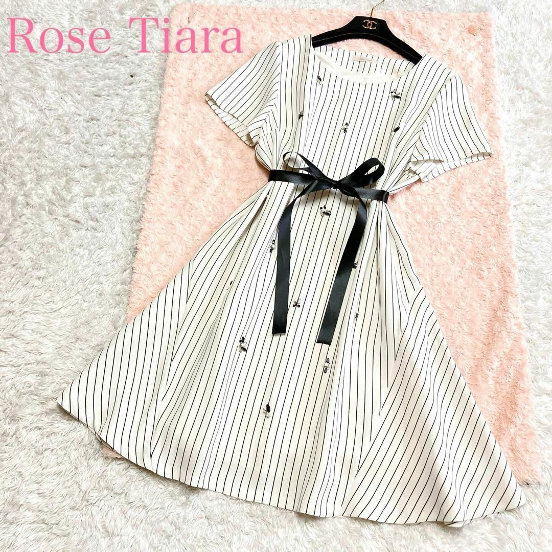 Rose Tiara(ローズティアラ)の美品 ローズティアラ ひざ丈ワンピース ビジュー付 ストライプ 42 XL レディースのワンピース(ひざ丈ワンピース)の商品写真