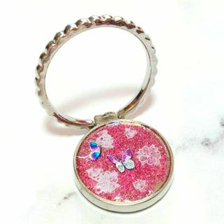 メタリックバタフライと花のスマホリング（レッド）　ハンドメイド