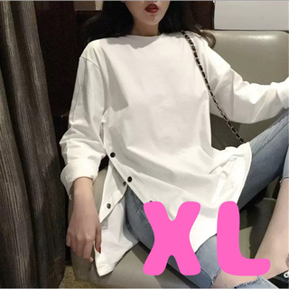 長袖 サイドスリット Tシャツ 白 シンプル ボタン付き XLサイズ(ポロシャツ)