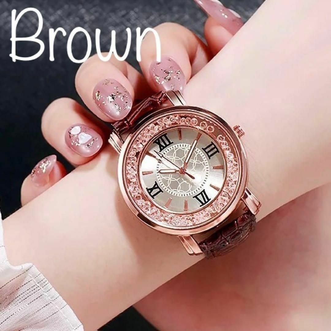 新品 レディース腕時計  ローマ数字　丸い　スワロフスキー　キラキラ［ブラウン］ レディースのファッション小物(腕時計)の商品写真