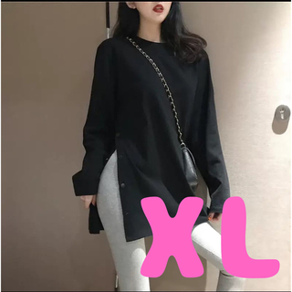 長袖 サイドスリット Tシャツ 黒 シンプル ボタン付き XLサイズ(シャツ)