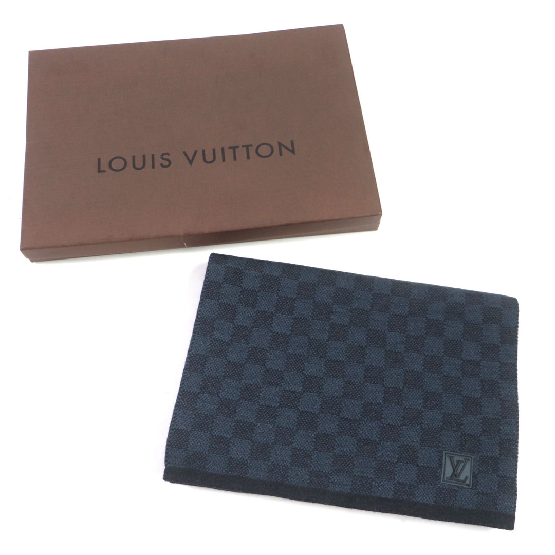 LOUIS VUITTON(ルイヴィトン)の極美品▼LOUIS VUITTON ルイヴィトン 2015年製 M70030 エシャルプ・プティ ダミエ ウール エシャルプ ロゴ刺繍 マフラー ネイビー イギリス製 正規品 メンズ メンズのファッション小物(マフラー)の商品写真