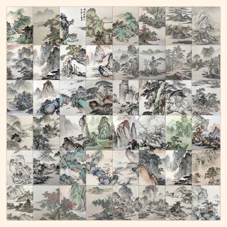 水墨画　山水画　絵画　絵画教室　デコレーション　シール　ステッカー60枚(ステッカー)