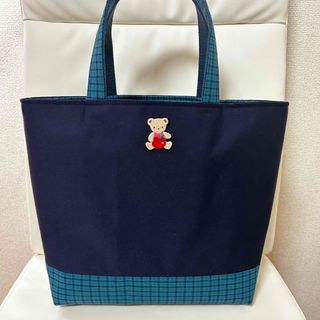 ハンドメイド♡トートバッグ♡ファミリアワッペン付き♡青チェック♡