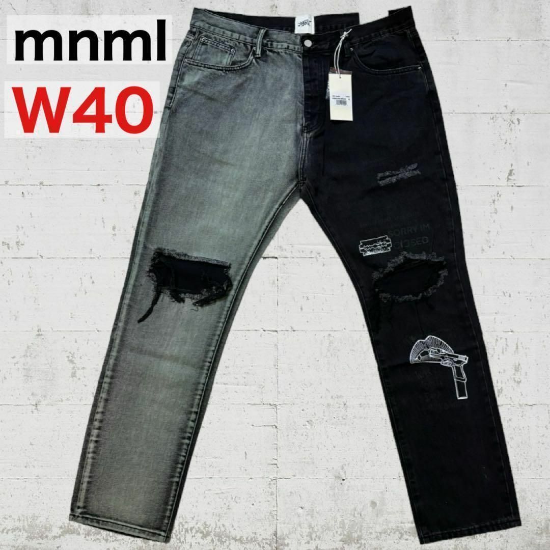 【希少】mnml ミニマル ダメージ スプリット ペイント デニムパンツ W40 メンズのパンツ(デニム/ジーンズ)の商品写真