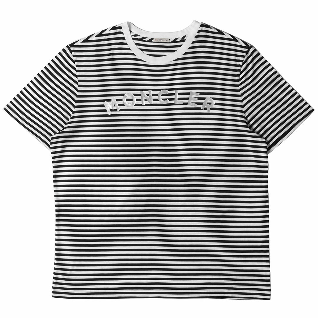 MONCLER(モンクレール)のMONCLER モンクレール Tシャツ サイズ:XL 21SS 銀箔ロゴ プリント ボーダー リンガーネック MAGLIA T-SHIRT G10918C7E010 829GR ブラック ホワイト 黒白 トップス カットソー 半袖 【メンズ】【中古】【美品】 メンズのトップス(Tシャツ/カットソー(半袖/袖なし))の商品写真